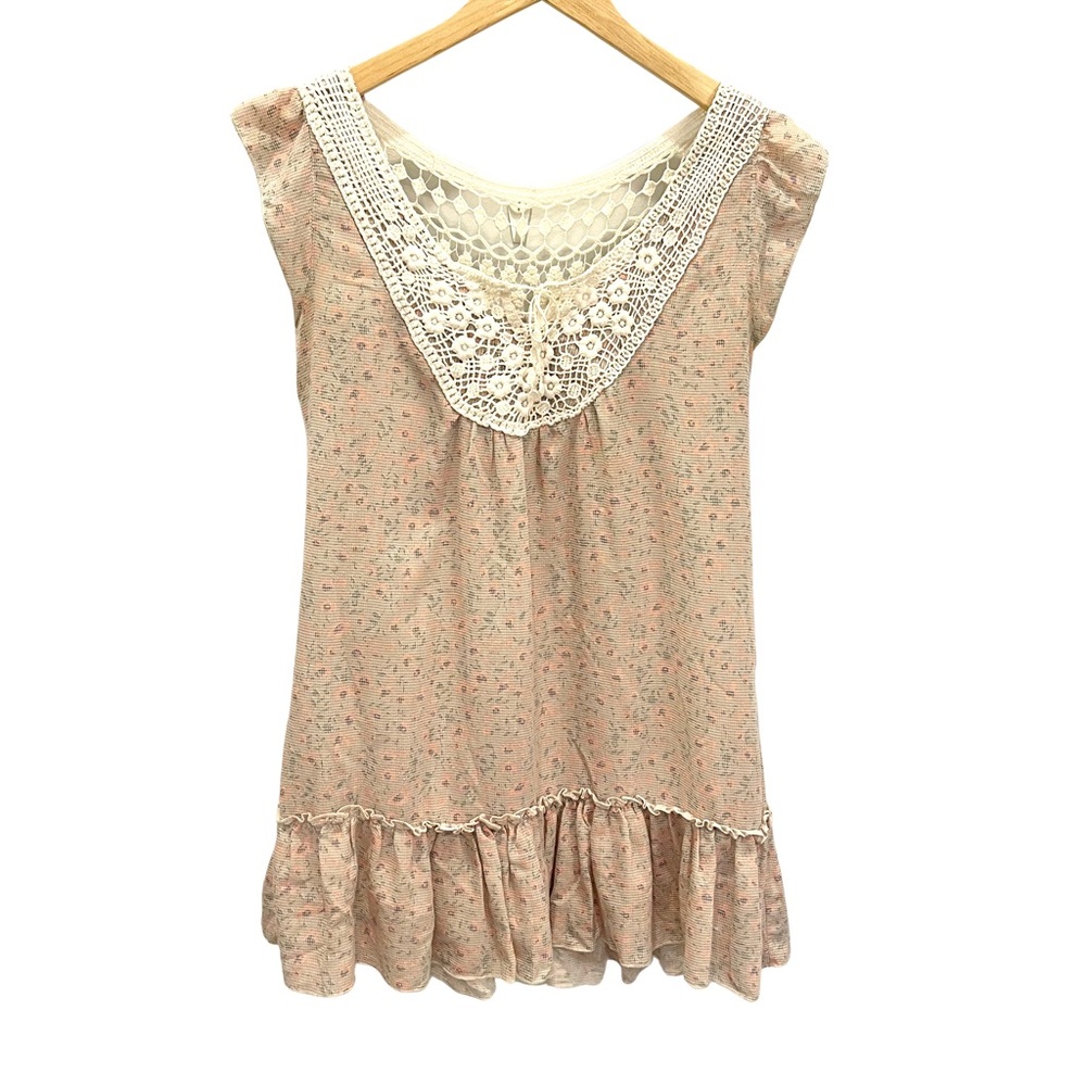 Blue Bird Blush Floral Boho Babydoll Style Blouse with Crochet Lace Trim Detail